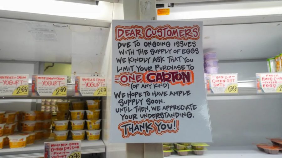 A sign in a supermarket in New York City asks customers to limit their purchase of eggs to one carton, Feb. 13, 2025. The avian flu epidemic in the U.S. has sharply reduced the supply and raised the prices of eggs.